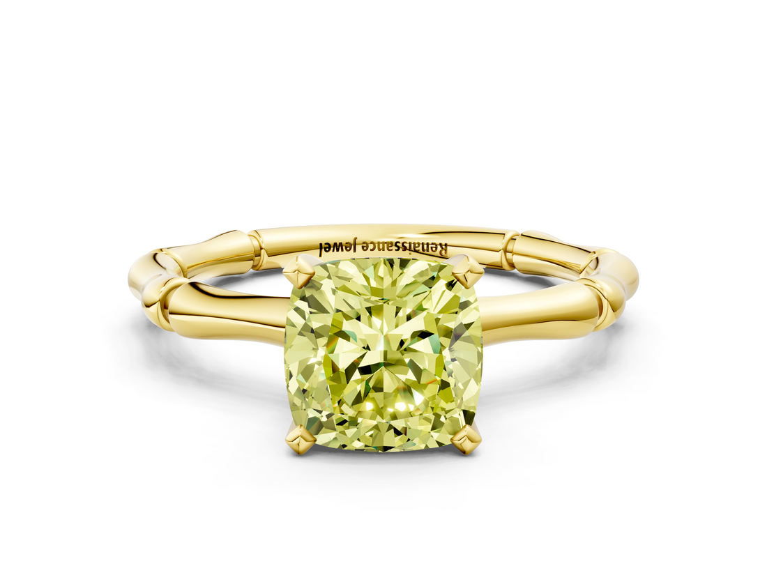 Yellow gold Fancy Yellow Cushion  Solitaire Diamond Ring with Bamboo Band and Four-Prong Setting_56