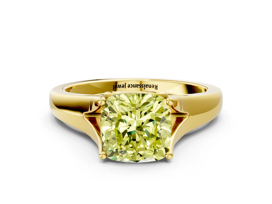Yellow gold Fancy Yellow Cushion  Solitaire Diamond Ring with Cathedral Band and Four-Prong Setting_66