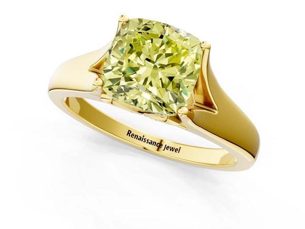 Yellow gold Fancy Yellow Cushion  Solitaire Diamond Ring with Cathedral Band and Four-Prong Setting