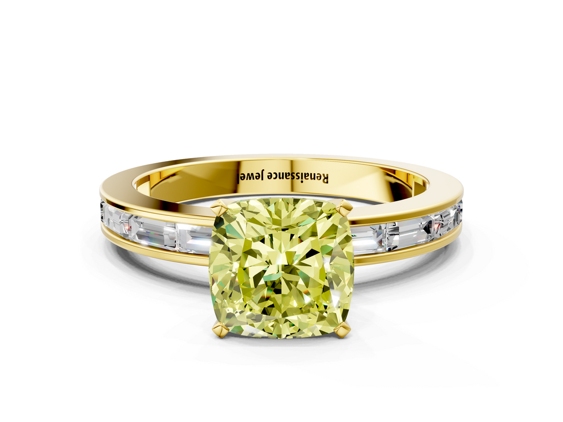 Yellow gold Fancy Yellow Cushion  Solitaire Diamond Ring with Channel-Set Baguette Band and Four-Prong Setting_85