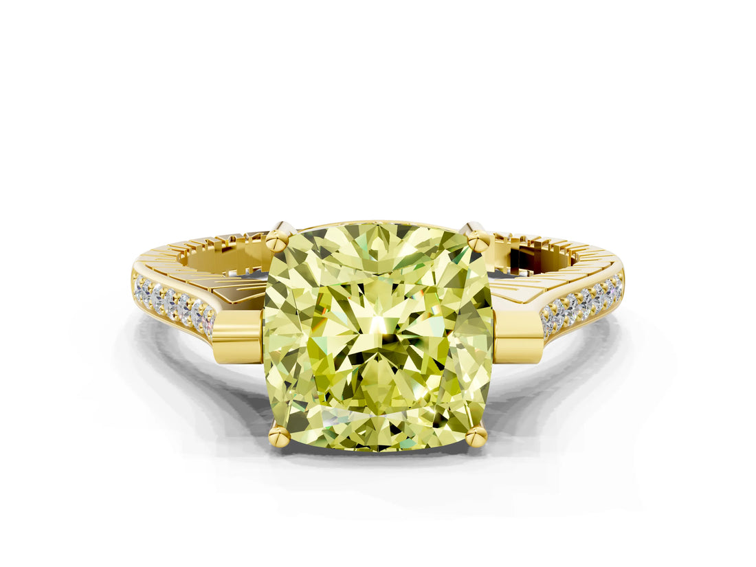 Yellow gold Fancy Yellow Cushion  Solitaire Diamond Ring with Channel Set Band and Bezel Prong Setting_61