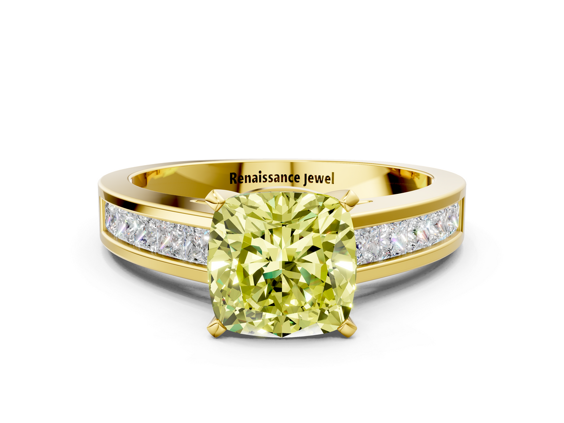 Yellow gold Fancy Yellow Cushion  Solitaire Diamond Ring with Channel-Set Band and Four-Prong Setting_3