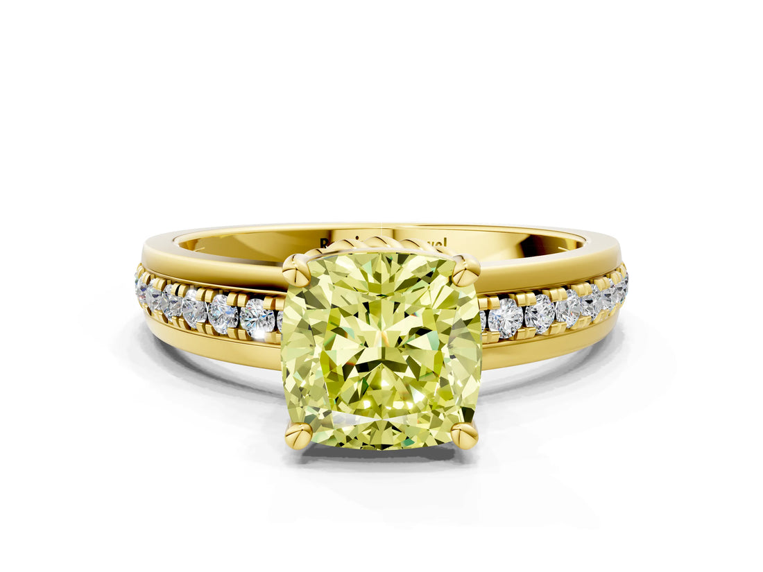 Yellow gold Fancy Yellow Cushion  Solitaire Diamond Ring with Channel Set Band and Six-Prong Setting_47