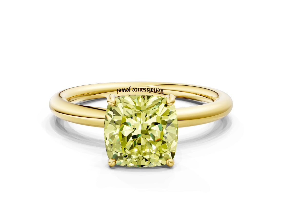 Yellow gold Fancy Yellow Cushion  Solitaire Diamond Ring with Four-Prong Setting on a Plain Band_32