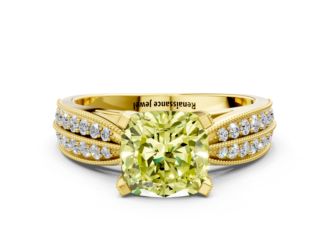 Yellow gold Fancy Yellow Cushion  Solitaire Diamond Ring with Milgrain Pavé Band and Four-Prong Setting_20