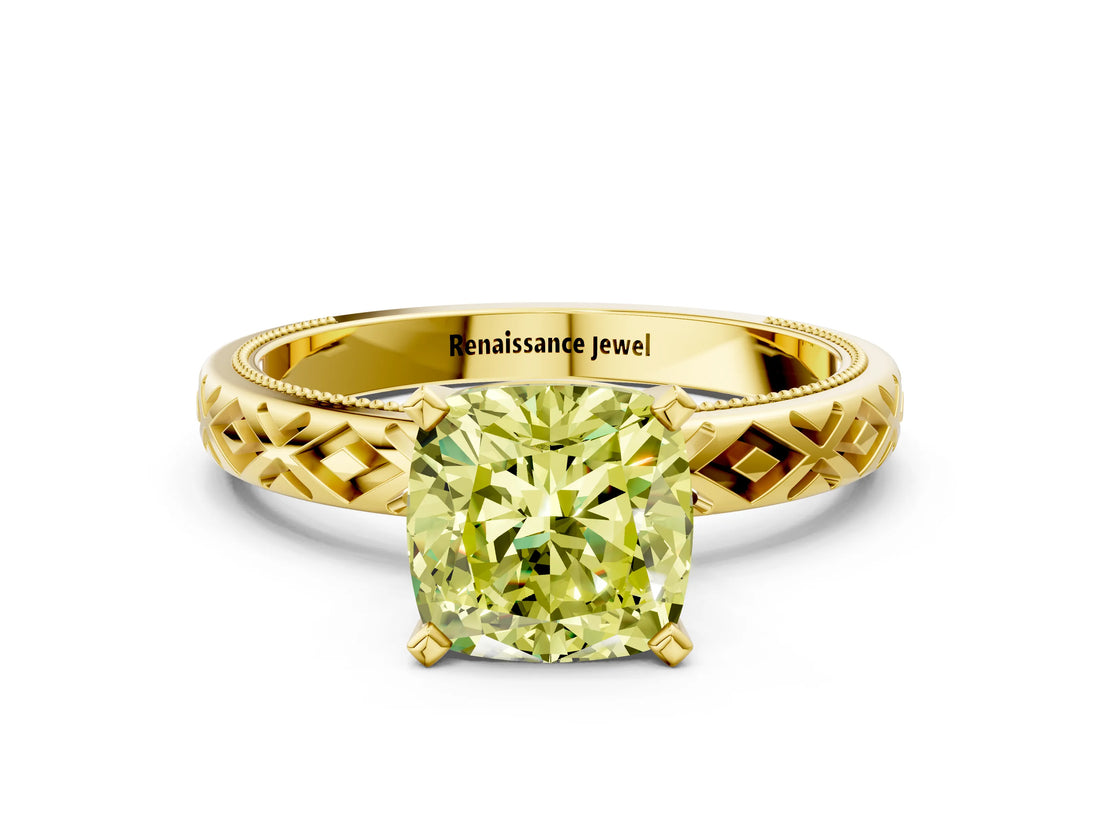 Yellow gold Fancy Yellow Cushion  Solitaire Diamond Ring with Milgrain and Black Enamel X Pattern Band_77