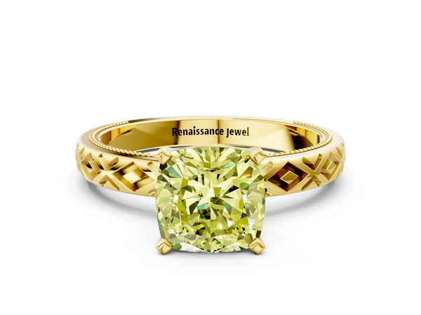 Yellow gold Fancy Yellow Cushion  Solitaire Diamond Ring with Milgrain and Black Enamel X Pattern Band
