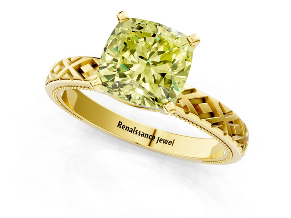 Yellow gold Fancy Yellow Cushion  Solitaire Diamond Ring with Milgrain and Black Enamel X Pattern Band