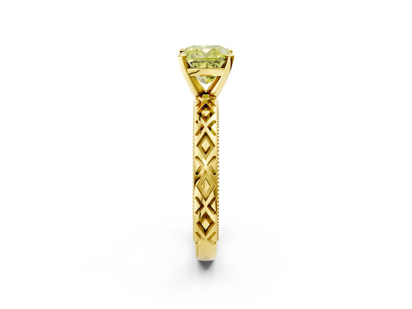 Yellow gold Fancy Yellow Cushion  Solitaire Diamond Ring with Milgrain and Black Enamel X Pattern Band
