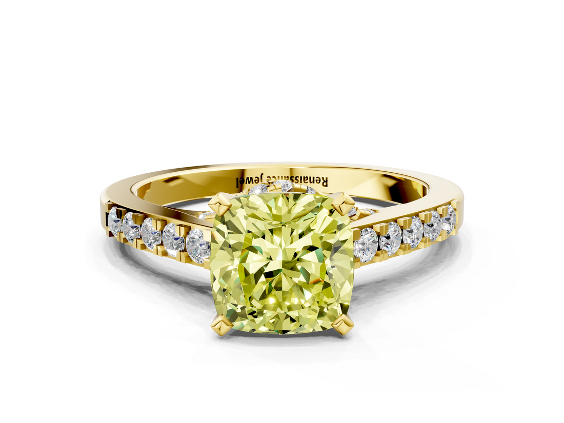 Yellow gold Fancy Yellow Cushion  Solitaire Diamond Ring with Pavé Band and Four-Prong Setting_84