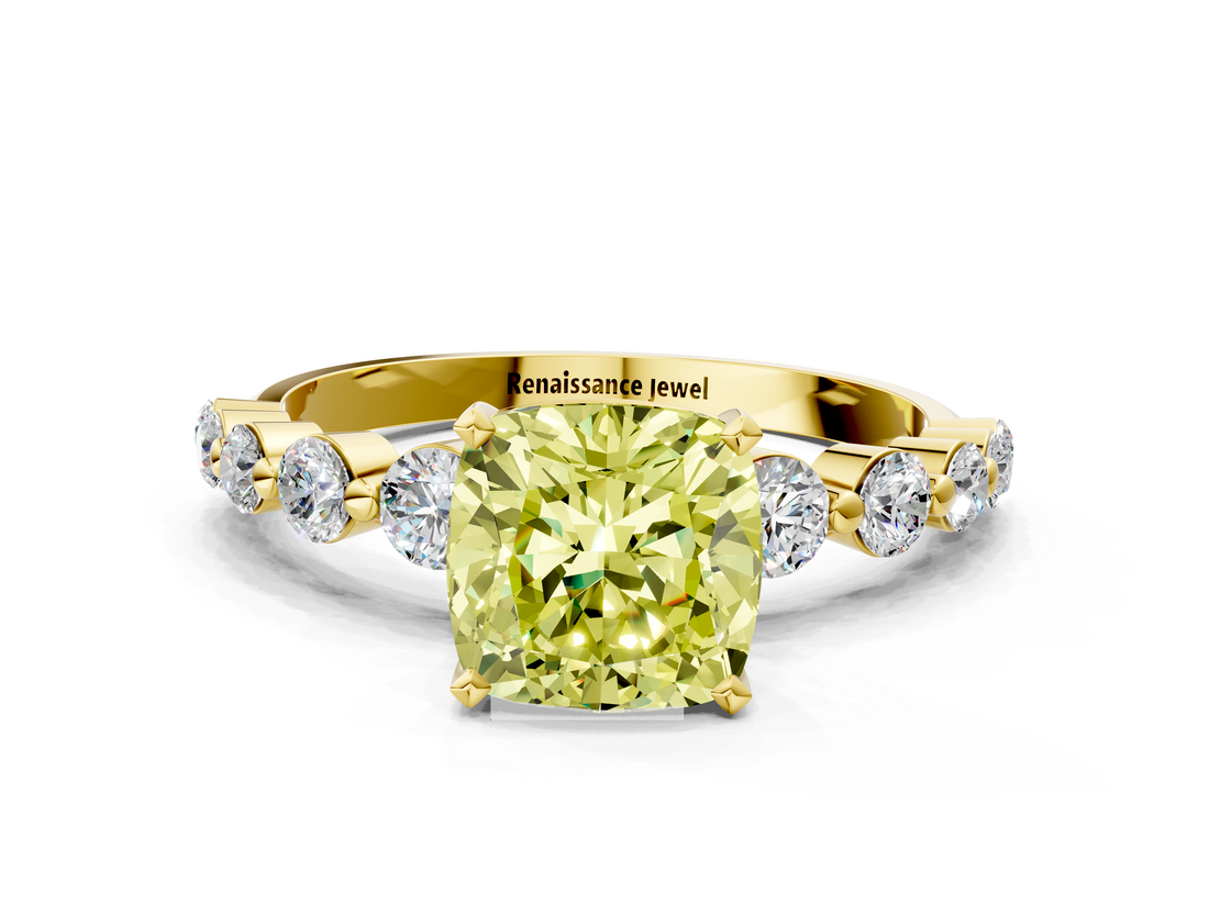 Yellow gold Fancy Yellow Cushion  Solitaire Diamond Ring with Pave Band and Four-Prong Setting_278