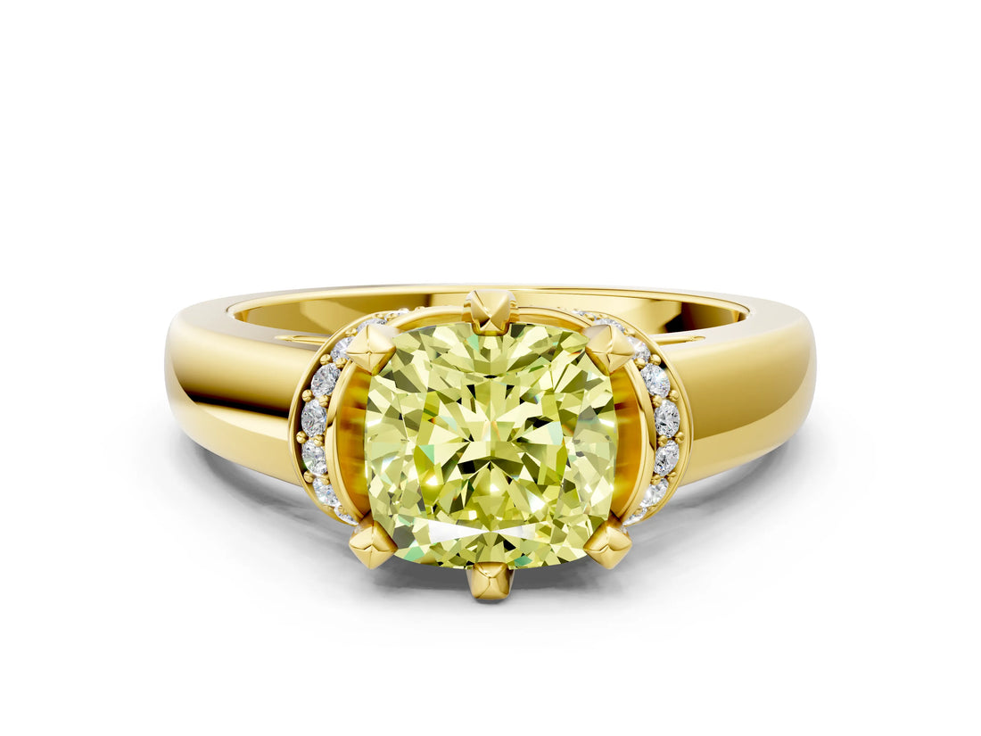 Yellow gold Fancy Yellow Cushion  Solitaire Diamond Ring with Pave Band and Six-Prong Setting_32