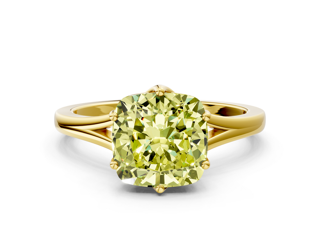 Yellow gold Fancy Yellow Cushion  Solitaire Diamond Ring with Six-Prong Setting and Tapered Band_17