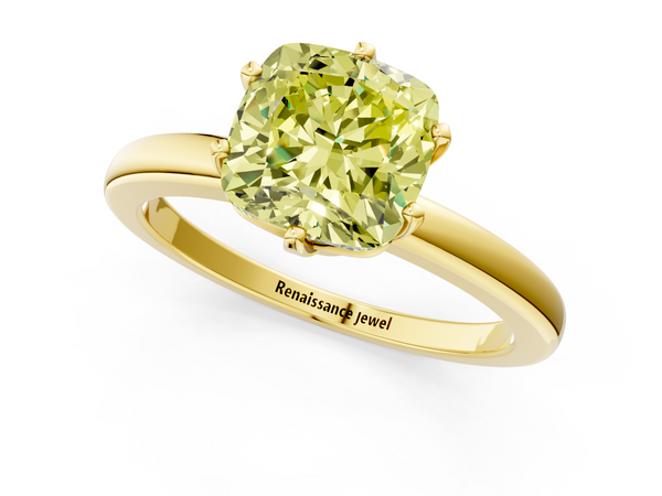 Yellow gold Fancy Yellow Cushion  Solitaire Diamond Ring with Six-Prong Setting on a Classic Band