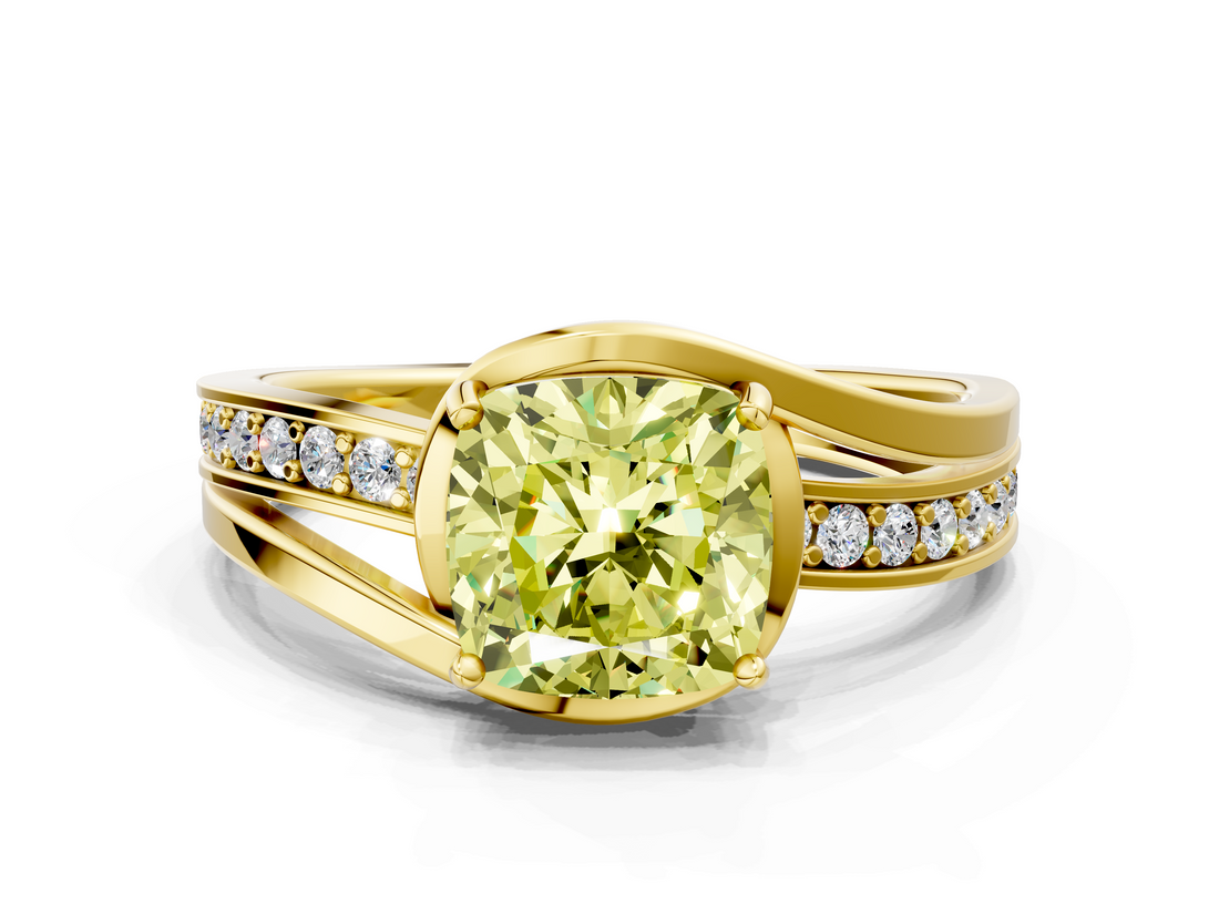 Yellow gold Fancy Yellow Cushion  Solitaire Diamond Ring with Split Shank and Prong Setting_41