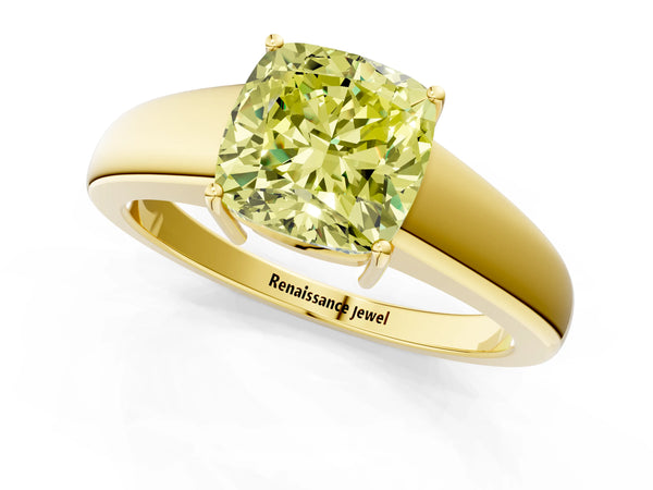 Yellow gold Fancy Yellow Cushion  Solitaire Diamond Ring with Tapered Band and Four-Prong Setting