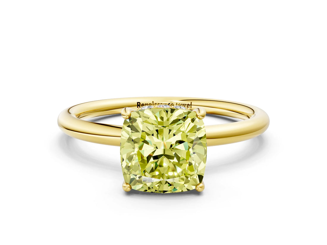 Yellow gold Fancy Yellow Cushion  Solitaire Diamond Ring with a Classic Band and Four-Prong Setting 2