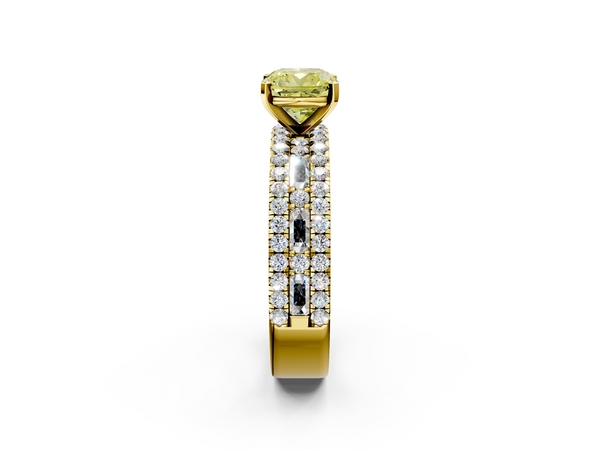 Yellow Gold Cushion Cut Pave and Baguette Engagement Ring Setting for Fancy Yellow Center