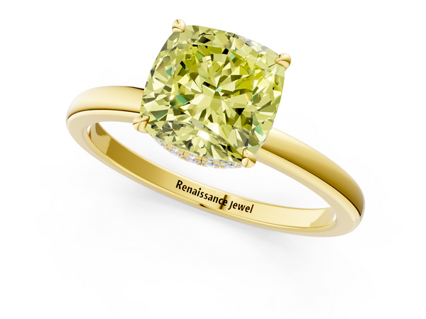 Yellow gold Fancy Yellow Cushion  Solitaire Engagement Ring with Cathedral Band and Four-Prong Setting