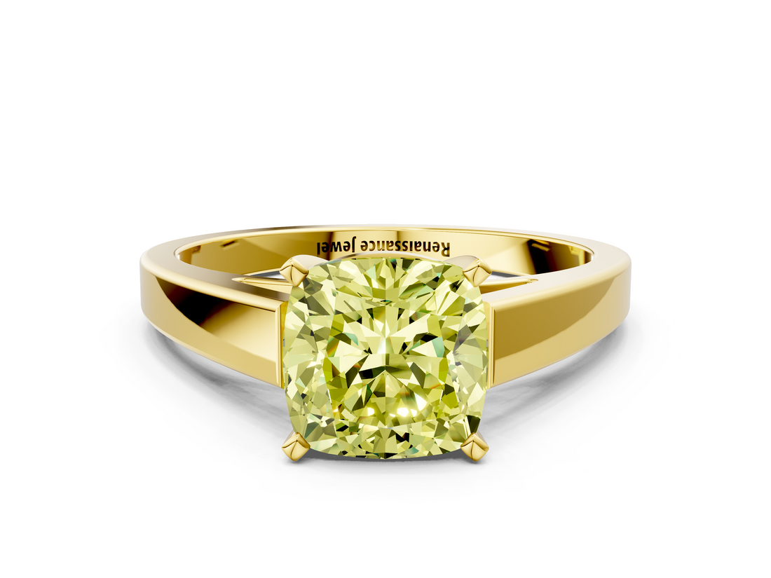 Yellow gold Fancy Yellow Cushion  Solitaire Engagement Ring with Four-Prong Setting and Tapered Band_3