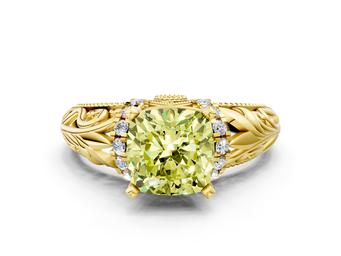 Yellow gold Fancy Yellow Cushion  Solitaire Filigree Engagement Ring with Halo and Prong Setting_50