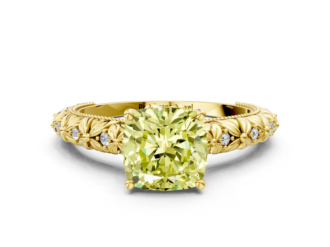 Yellow gold Fancy Yellow Cushion  Solitaire Floral Milgrain Engagement Ring_52