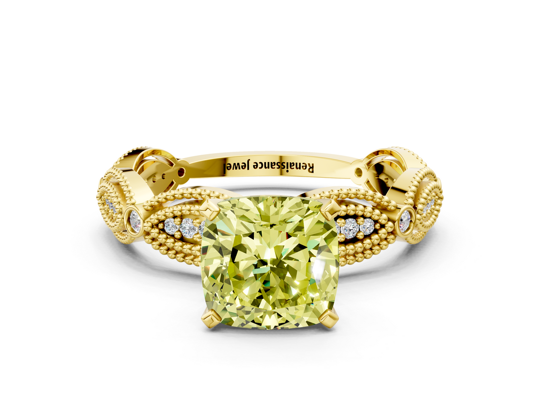 Yellow gold Fancy Yellow Cushion  Solitaire Milgrain Diamond Engagement Ring with Bezel and Marquise Band_67