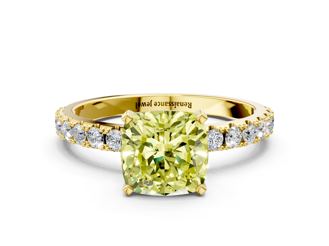 Yellow gold Fancy Yellow Cushion  Solitaire Pavé Band with Four-Prong Setting_155