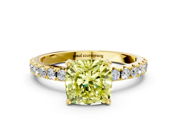 Yellow gold Fancy Yellow Cushion Cut Diamond Solitaire Pavé Band with Four-Prong Setting
