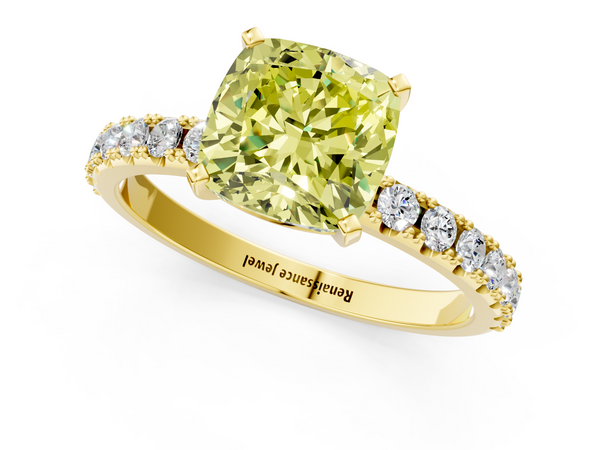 Yellow gold Fancy Yellow Cushion Cut Diamond Solitaire Pavé Band with Four-Prong Setting