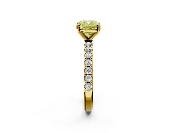 Yellow gold Fancy Yellow Cushion Cut Diamond Solitaire Pavé Band with Four-Prong Setting