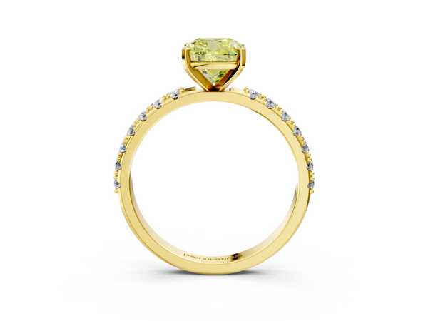 Yellow gold Fancy Yellow Cushion Cut Diamond Solitaire Pavé Band with Four-Prong Setting