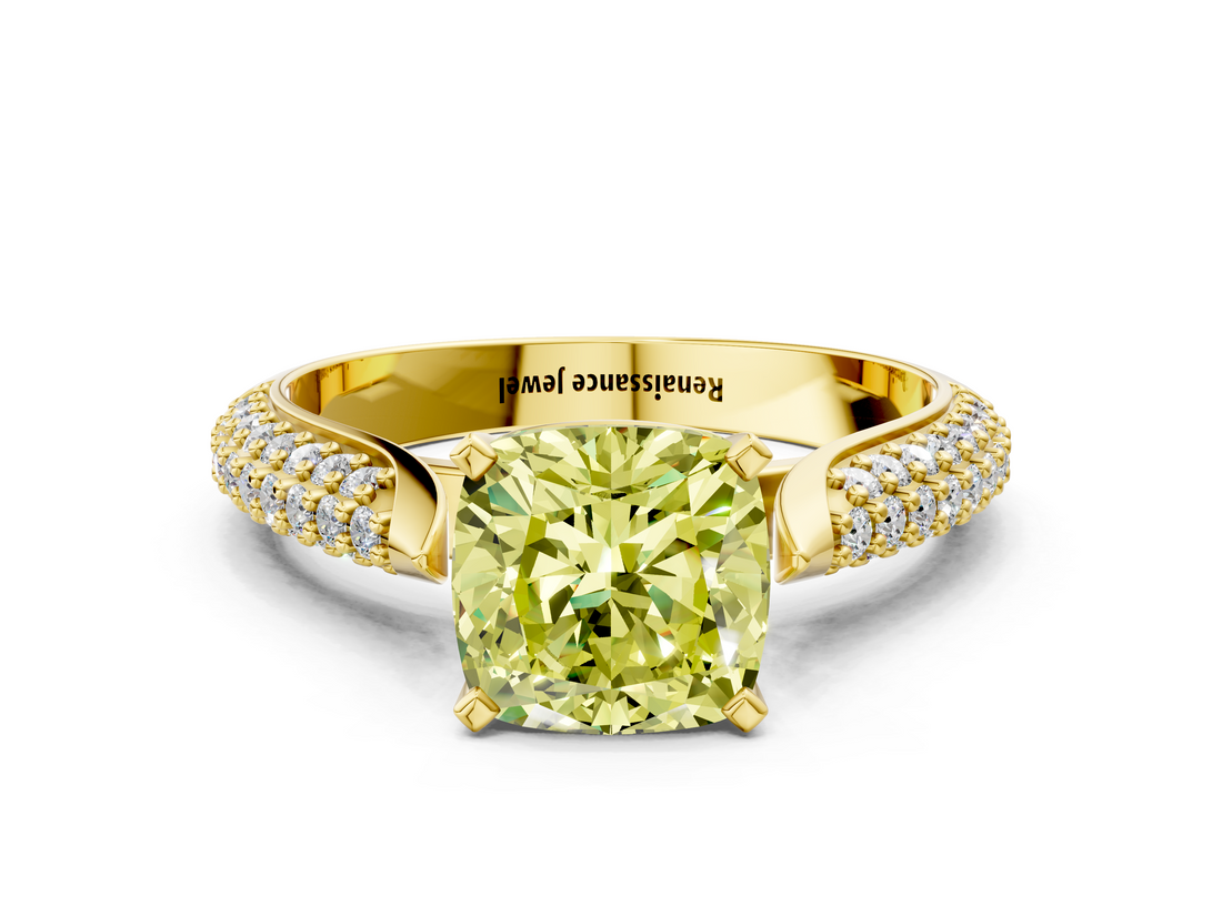 Yellow gold Fancy Yellow Cushion  Solitaire Pavé Diamond Engagement Ring with Four-Prong Setting_150