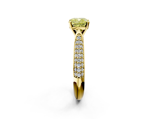 Yellow gold Fancy Yellow Cushion  Diamond Solitaire Engagement Ring with Pavé Band and Four-Prong Setting