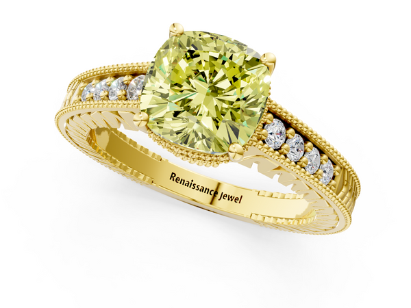 Yellow gold Fancy Yellow Cushion  Solitaire Pavé Diamond Milgrain Engagement Ring with Four-Prong Setting