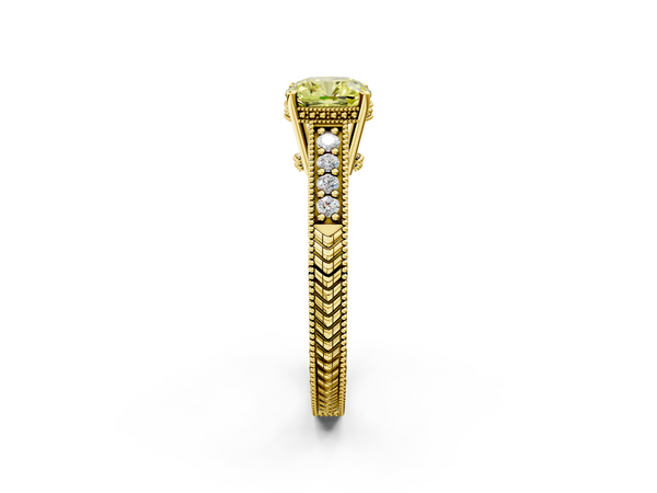 Yellow gold Fancy Yellow Cushion  Solitaire Pavé Diamond Milgrain Engagement Ring with Four-Prong Setting