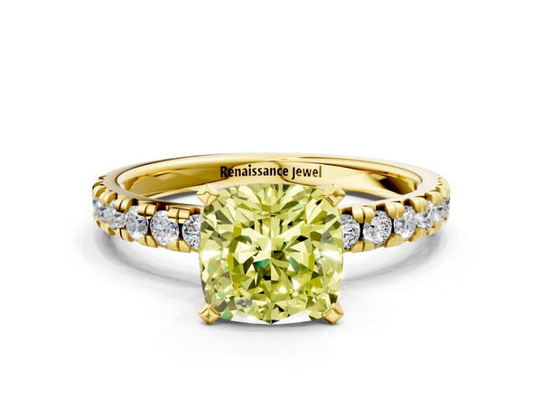 Yellow gold Fancy Yellow Cushion  Solitaire Pave Diamond Engagement Ring with Four-Prong Setting