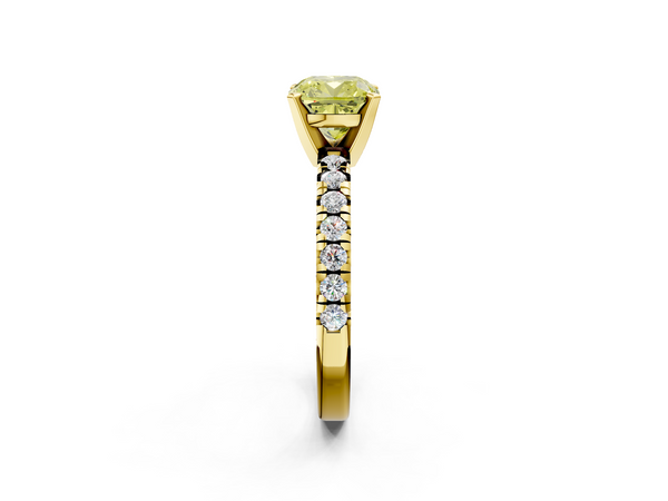 Yellow gold Fancy Yellow Cushion  Solitaire Pave Diamond Engagement Ring with Four-Prong Setting