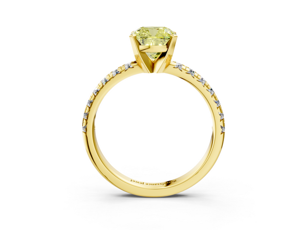 Yellow gold Fancy Yellow Cushion  Solitaire Pave Diamond Engagement Ring with Four-Prong Setting