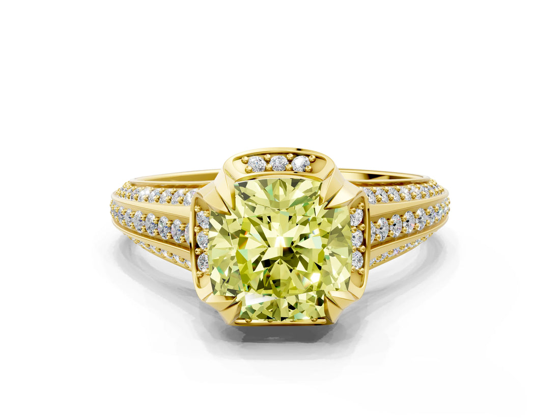 Yellow gold Fancy Yellow Cushion  Solitaire Pave Split Shank Ring with Four-Prong Setting_105