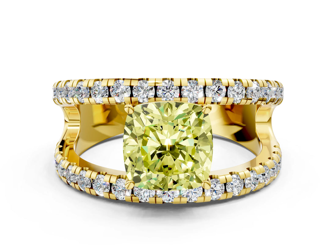 Yellow gold Fancy Yellow Cushion  Solitaire Split Shank Pave Diamond Ring_48