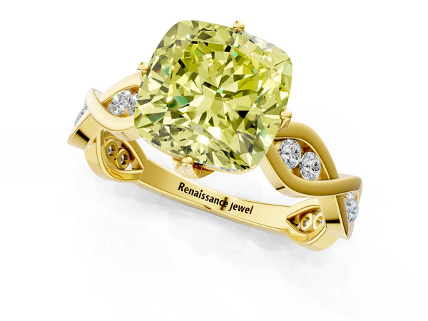 Yellow Gold Cushion Cut Accented Twist Engagement Ring Setting for Fancy Yellow Center