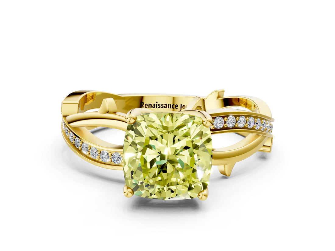 Yellow gold Fancy Yellow Cushion  Solitaire Twist Band with Pavé Accents and Four-Prong Setting_20