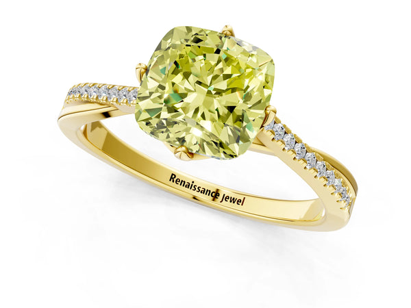 Yellow gold Fancy Yellow Cushion  Solitaire Twist Band with Pavé Diamonds and Four-Prong Setting