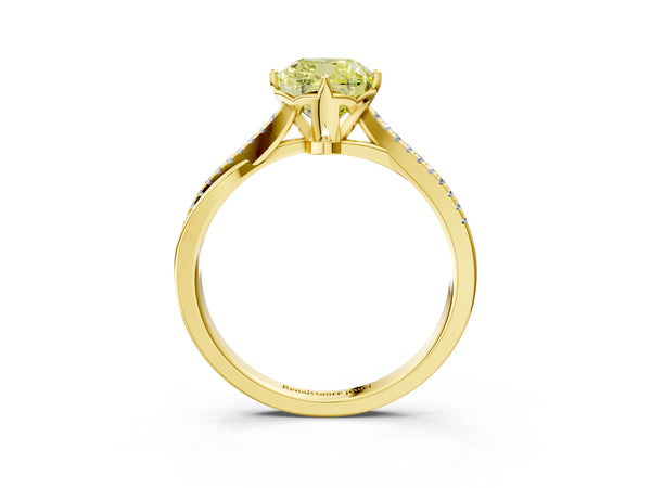 Yellow gold Fancy Yellow Cushion  Solitaire Twist Band with Pavé Diamonds and Four-Prong Setting