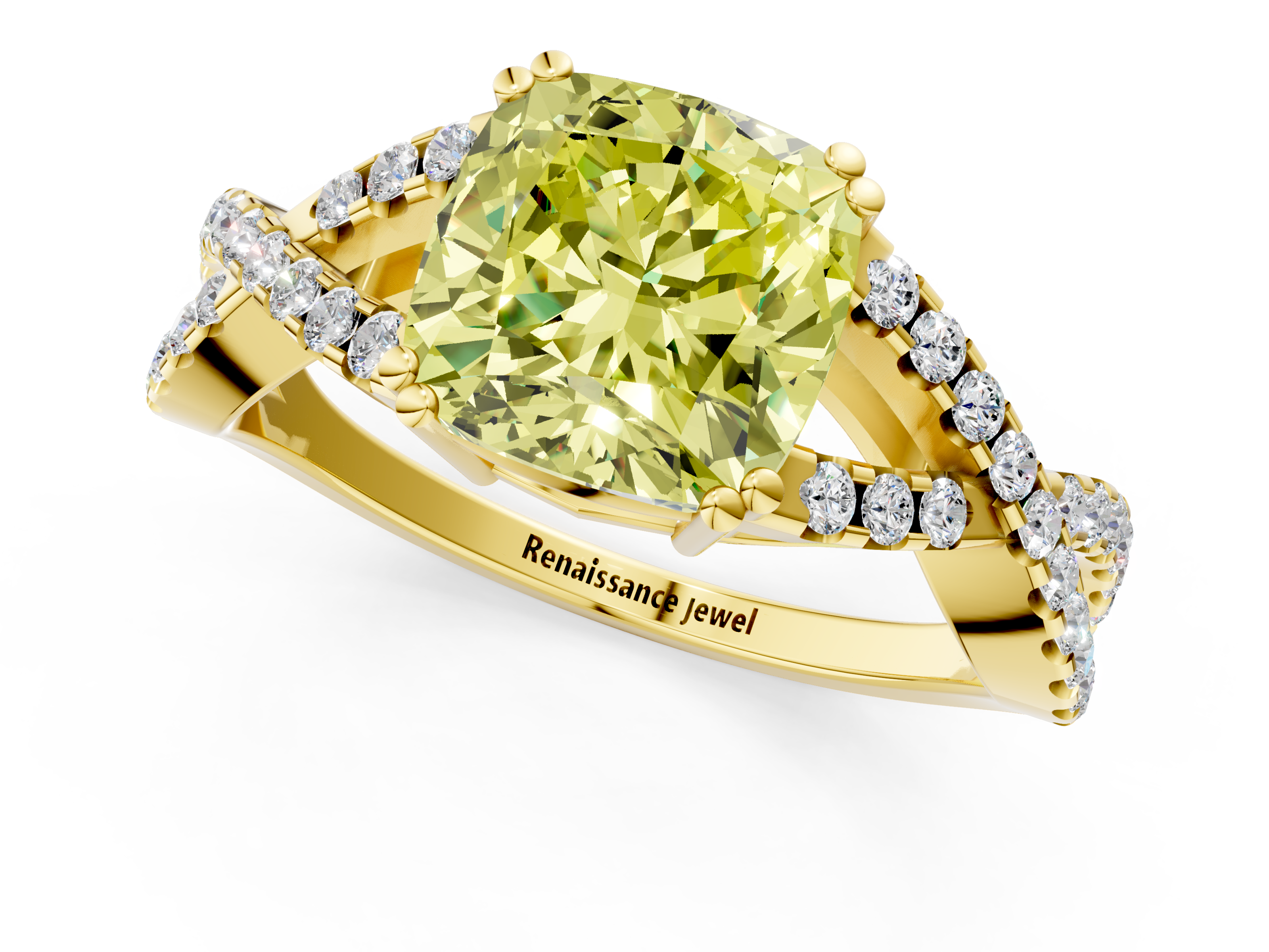 Yellow gold Fancy Yellow Cushion  Solitaire Twist Band with Pavé Setting and Four-Prong Setting_18