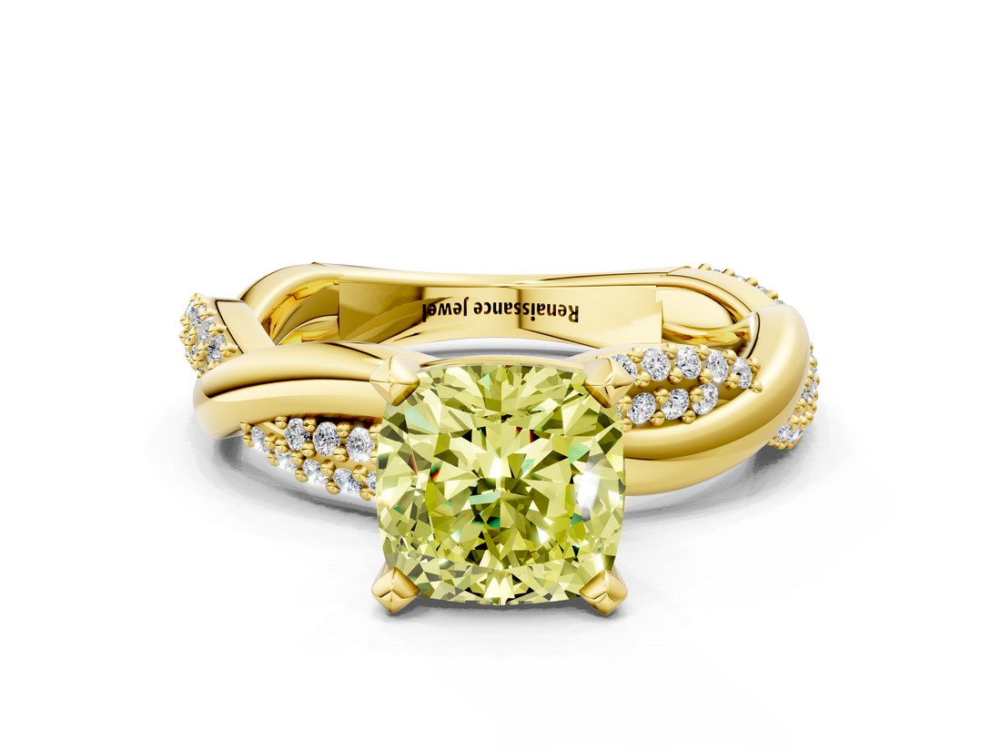 Yellow gold Fancy Yellow Cushion  Solitaire Twist Band with Pave Prong Setting_59
