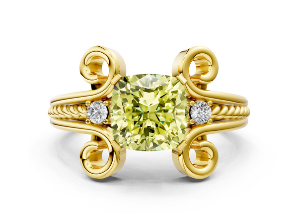 Yellow gold Fancy Yellow Cushion  Solitaire Twisted Band Scroll Prong Ring