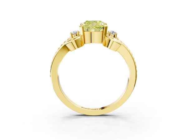 Yellow gold Fancy Yellow Cushion  Solitaire Twisted Band Scroll Prong Ring