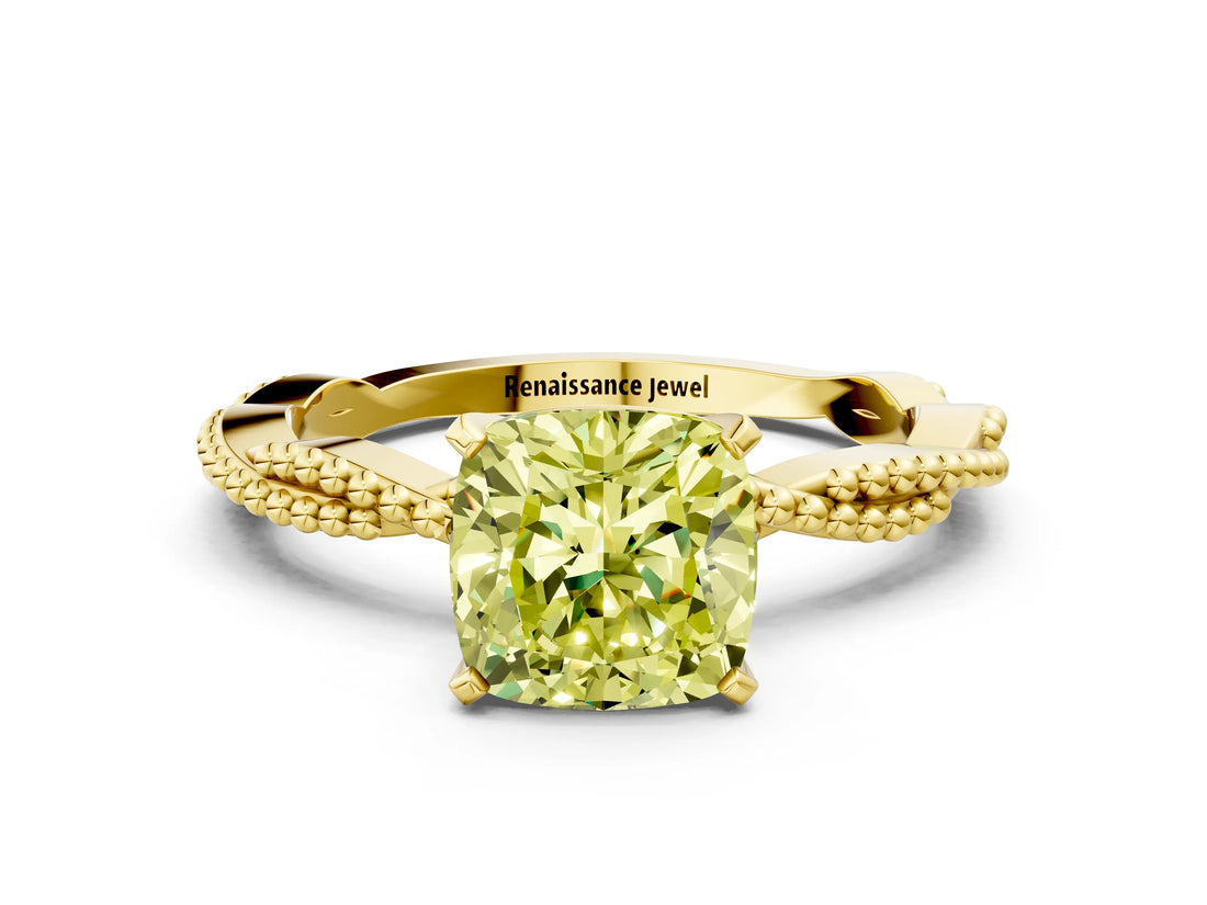 Yellow gold Fancy Yellow Cushion  Solitaire Twisted Band with Bead Prong Setting_259